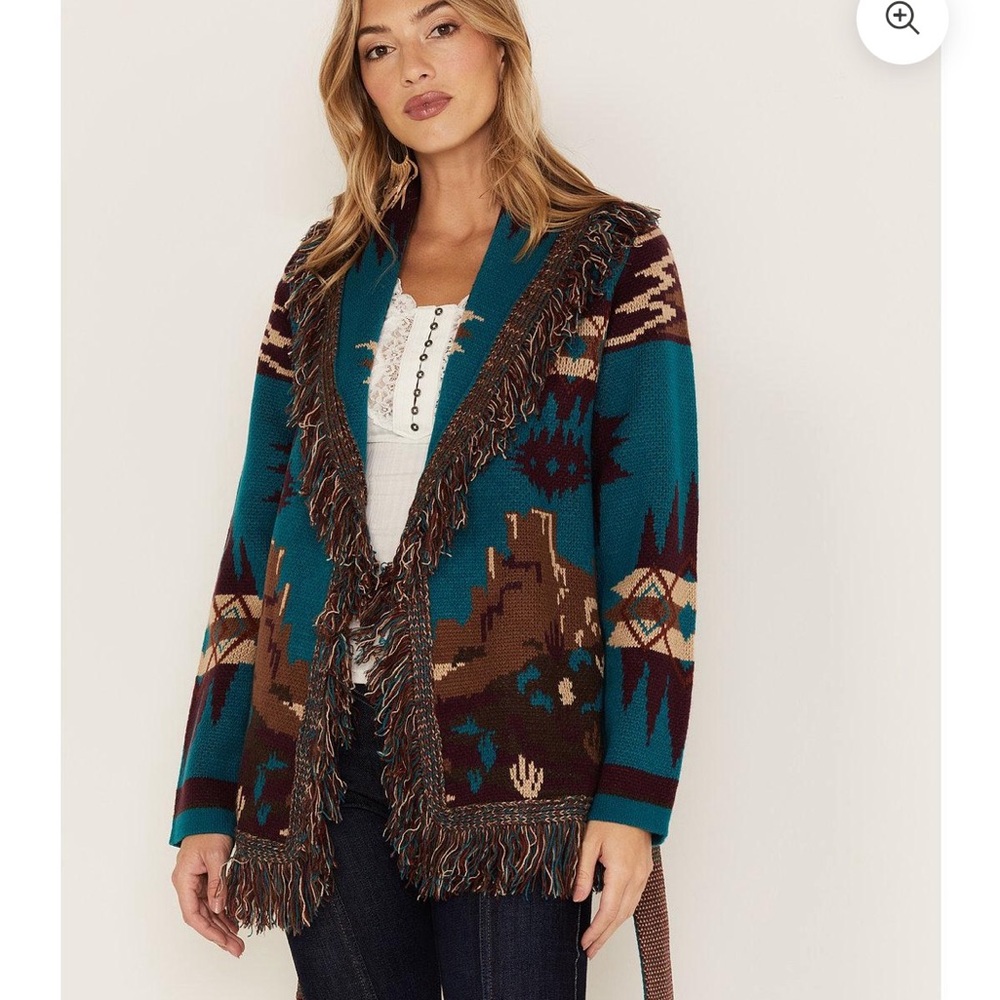 Idyllwind Teal and Brown Horse Fringed Cardigan